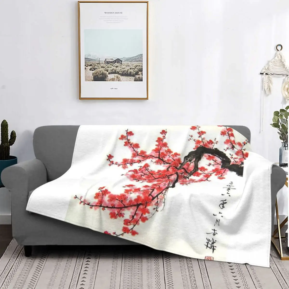 

Manta de dibujo de cerezo japonés, colcha para cama a cuadros, manta de lana, pickick