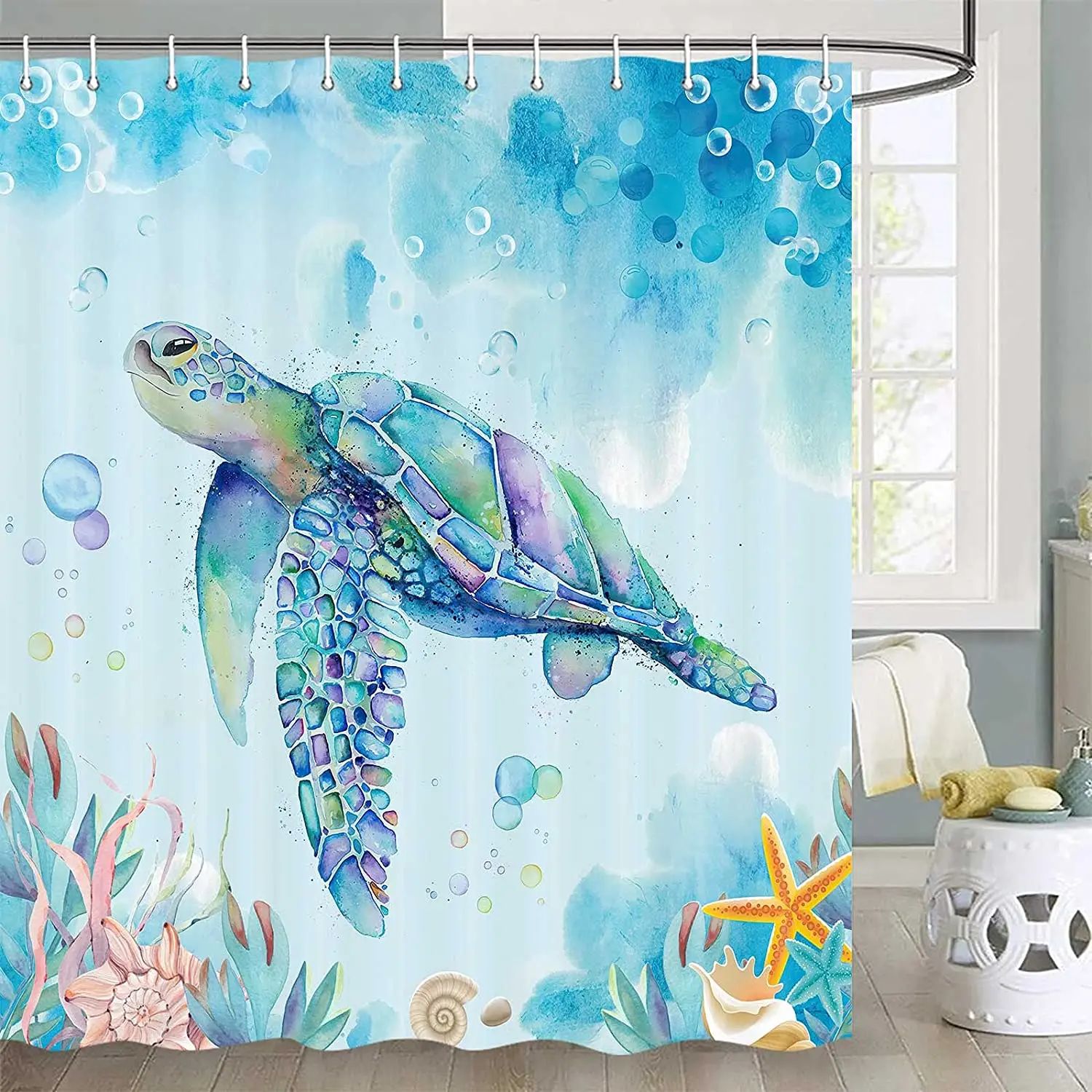 

Sea Turtle Shower Curtains Underwater Seashell Watercolor Animals Blue Teal Ocean Tropical Fish Nautical Kids Bathroom Decor Set