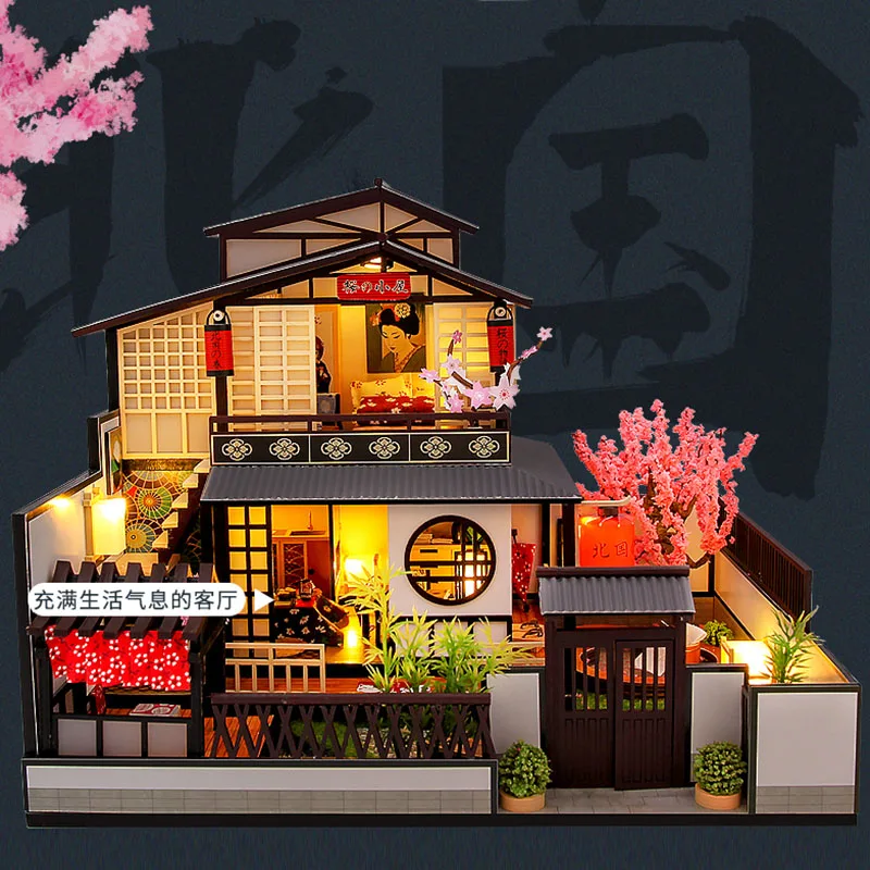 New Japanese Architecture DIY Wooden Dollhouses with Sakura Assembled Miniature Furniture Doll House Toys for Adult Gift | Игрушки и