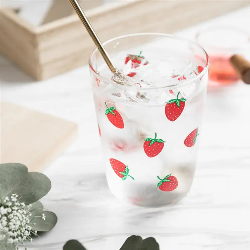 1pc Cute Strawberry Printing Glass Milk Cup Simple Storage Tea Transparent for Home Office |