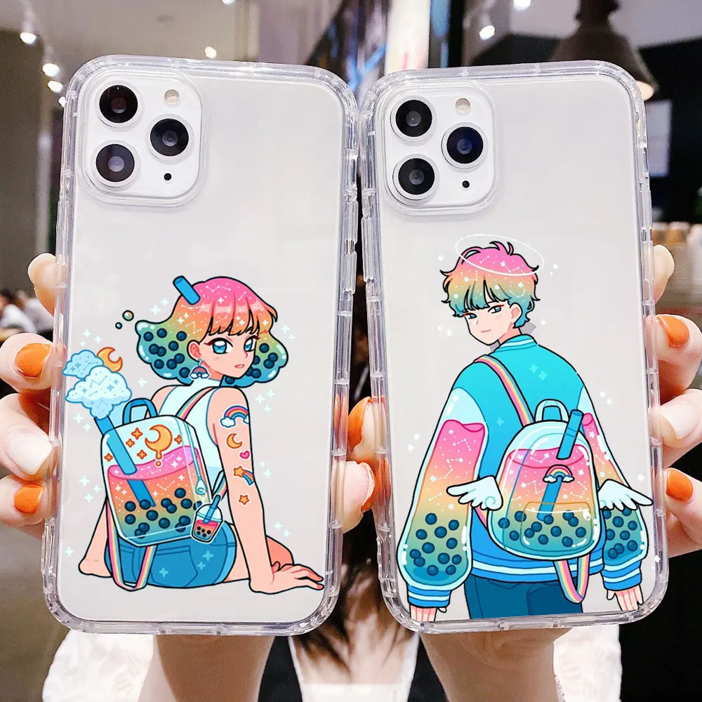 Rainbow boba boy girl lover line art phone case For iPhone 12 Pro Max 11 pro max X XS Max XR 8 plus 6 6S 7 Plus Soft TPU Cover