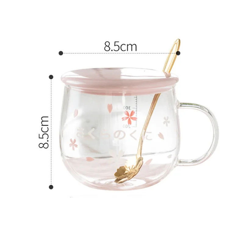 

Glass Cherry Blossoms Coffee Mug With Spoon and Ceramic Lid Heat Resistant Office Teacup Transparent Breakfast Milk Juice Cup