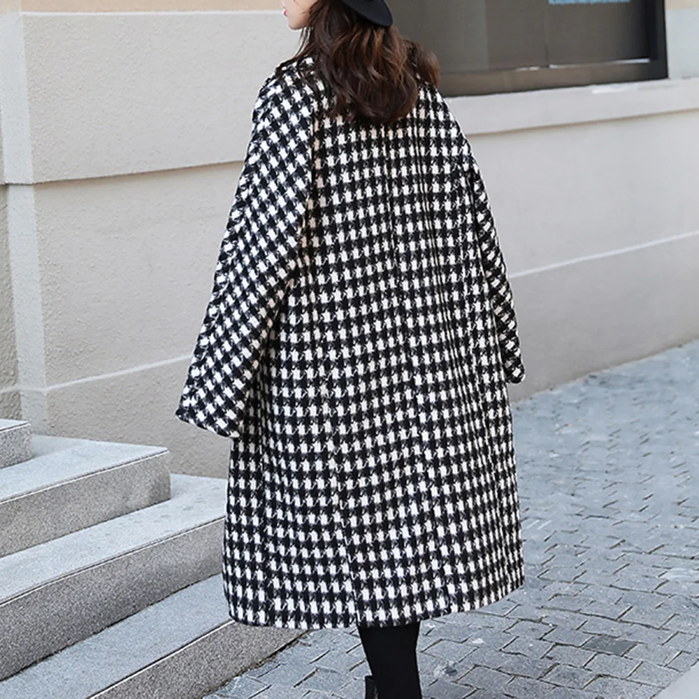 2019 осенний Женский Тренч зимнее длинное пальто шерстяное в ломаную клетку