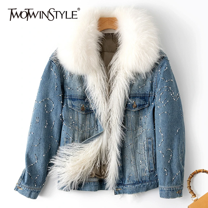 Женская джинсовая куртка TWOTWINSTYLE весенняя с отложным воротником длинными
