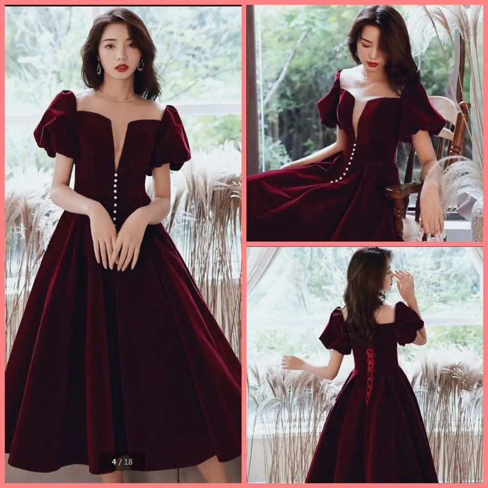 2019 Новое поступление бордовые бархатные короткие чайные платья для выпускного