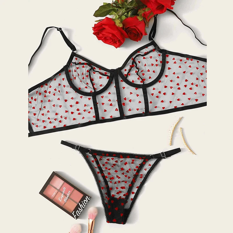

New women's underwear lace bra Heart Print Mesh Lingerie Set Sexy Sheer Bralette Set Lace Panty Set Erotic pajamas