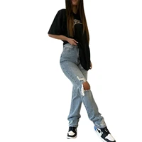 female ripped jeans high waist hollow out trousers straight leg pants for spring summer fall light blue xssml