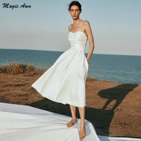 magic awn simple beach wedding dresses 2021 sweetheart pearls beaded tea length boho bridal gowns with pockets vestidos de novia