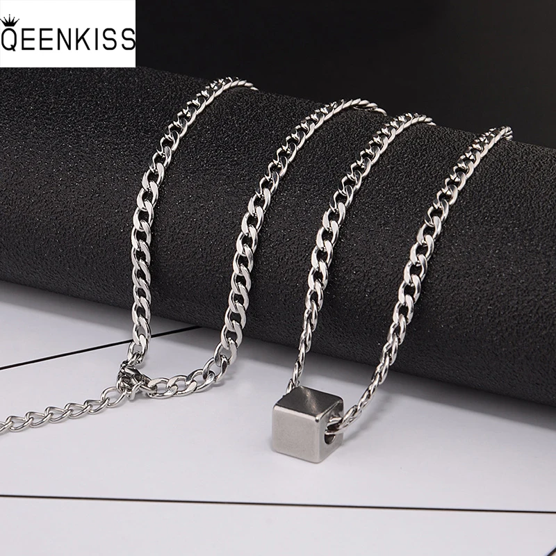 

QEENKISS NC853 Fine Jewelry Wholesale Fashion Trendy Woman Man Birthday Wedding Gift Cube Square Box Titanium Steel Necklace