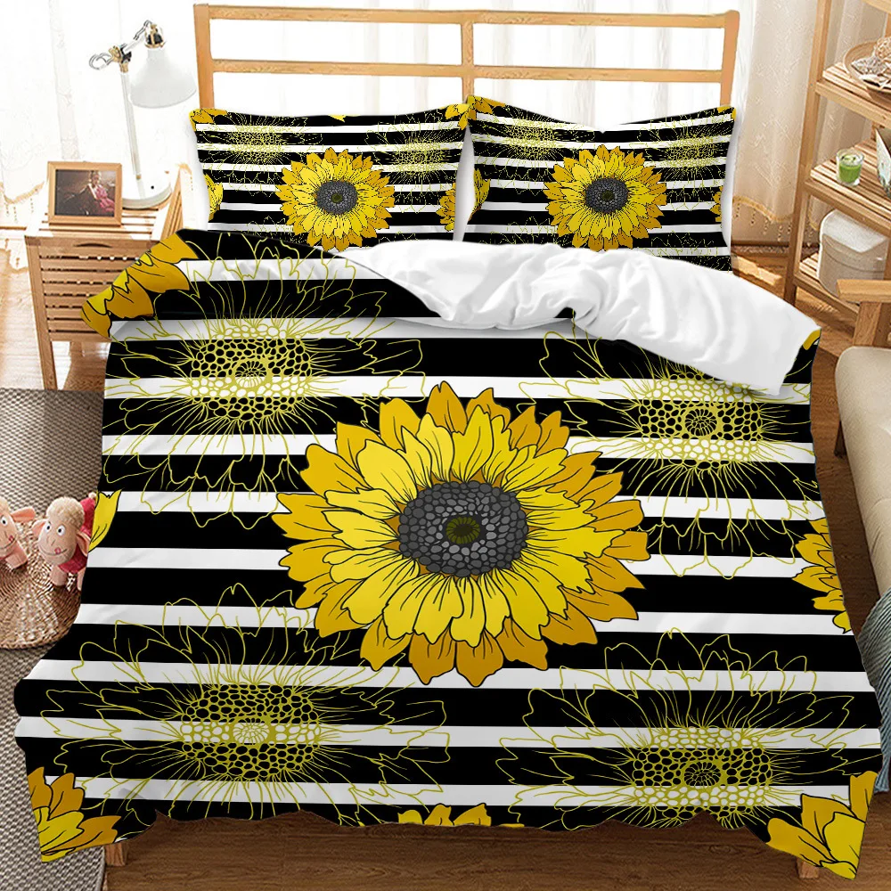 

Sunflowers Comforter Set Stripes Comforter Yellow Sunflower Printed Reversible Down Comforter Microfiber Filling Bedding Sets