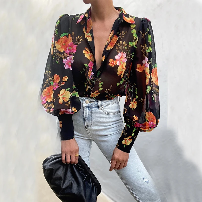 Женская блузка с длинным рукавом цветочным/леопардовым принтом |