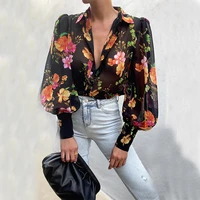 2021 autumn puff sleeve shirts blouse women floralleopard long sleeve lapel buttons vintage shirts elegant blouses tops female