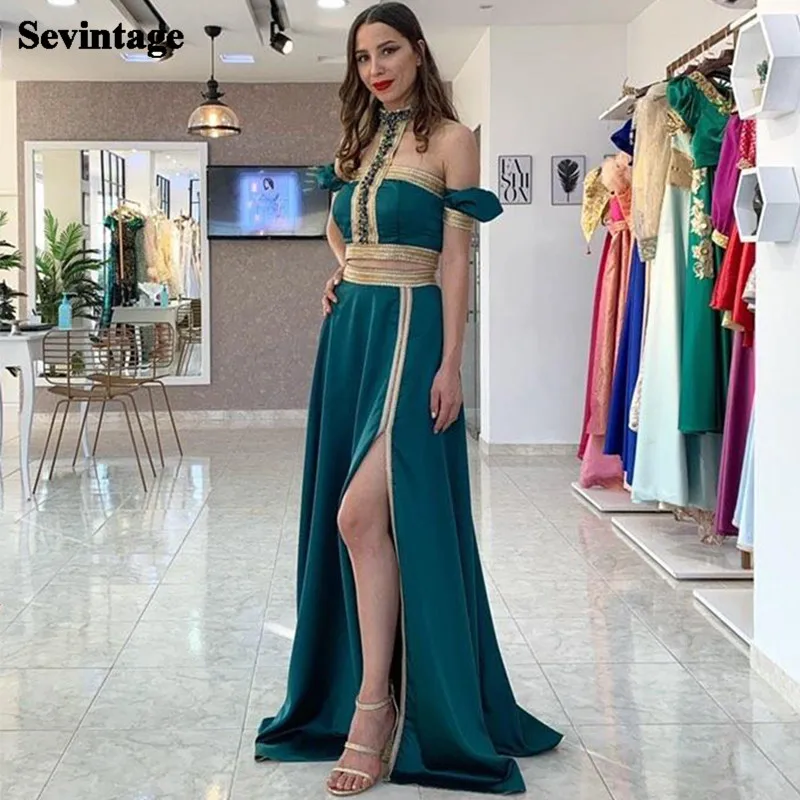 

Sevintage Removable Short Sleeves Evening Dresses Beaded High Split Prom Dress Halter Neck Soft Satin Women Formal Party Gowns
