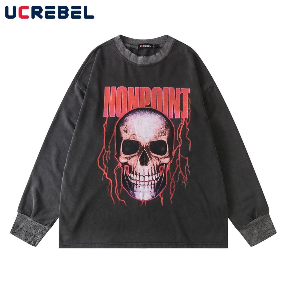 

Мужской свитшот с принтом скелета, демона, уличная одежда, Свободный пуловер с длинными рукавами и круглым вырезом, для осени