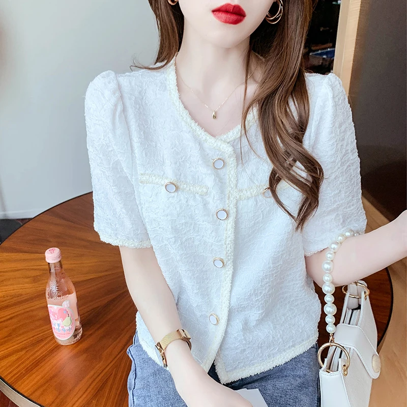 

Summer Women's Blouse Pure Color Stitching Tops Fashion Blouses Korean Casual Top Short Sleeve O-neck Shirt Houthion