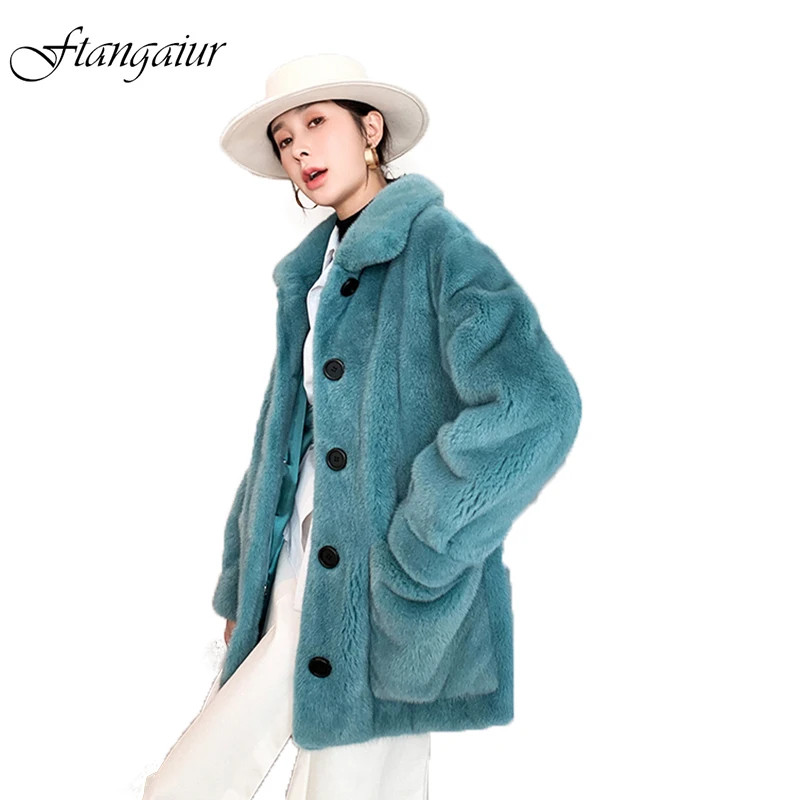 

Ftangaiur New Winter Import Purple standard Velvet Mink Fur Coat Solid Turn-Down Collar Loss Women Medium Real Mink Fur Coats