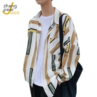vintage striped printed shirts for men 2021 long sleeve casual fashion turn down collar tops male clothing