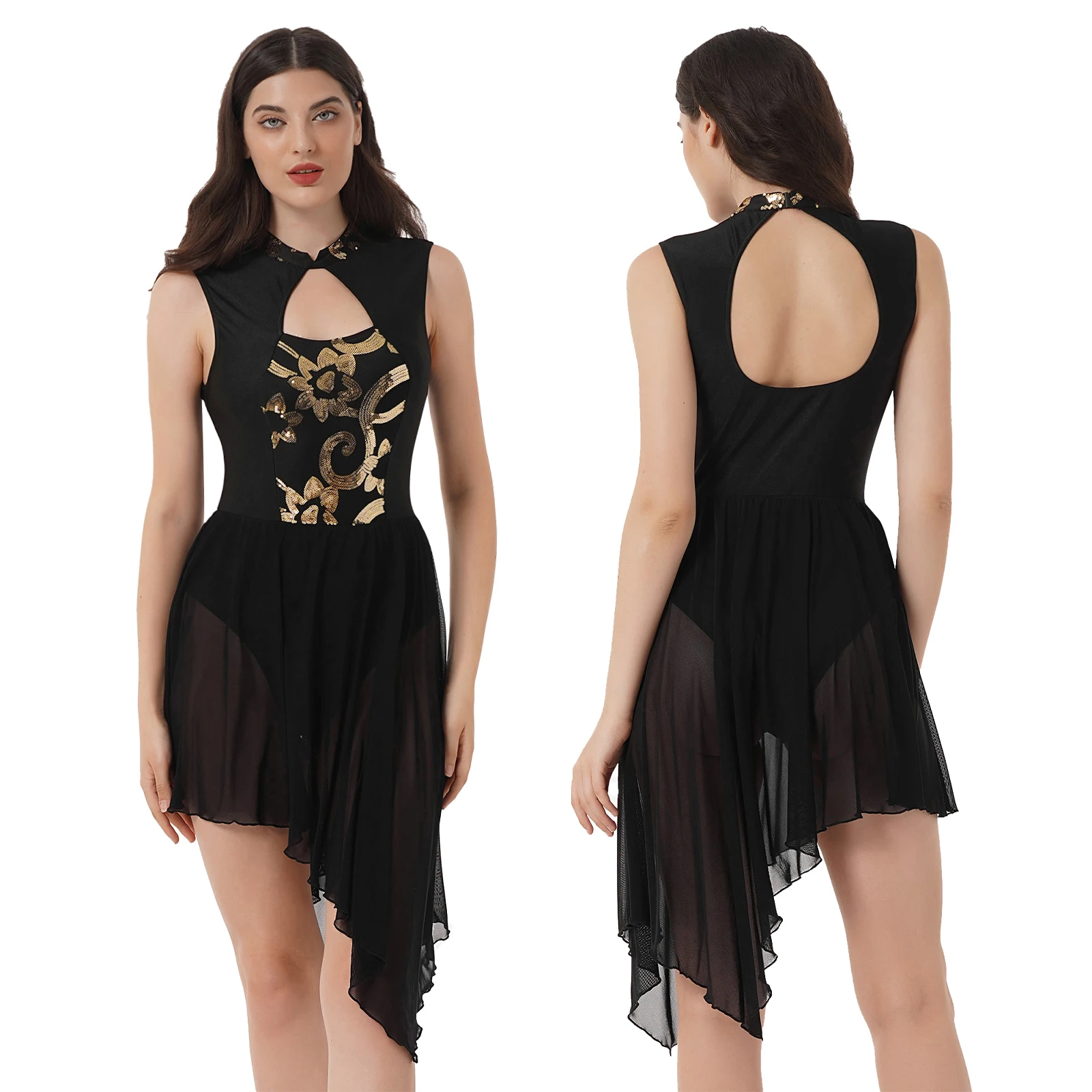 

Женское черное платье с блестками для латиноамериканских джазовых танцев, платье без рукавов с лямкой на шее и асимметричным подолом, Одежд...