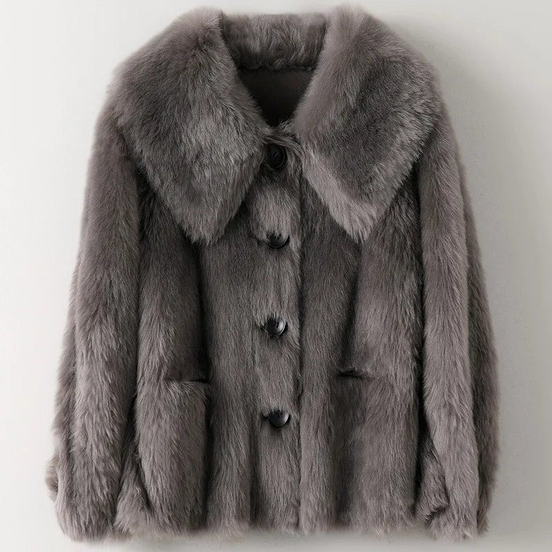 New Grain Sheep Shearer Women's All Wool Fur Coat In The Spring of 2021 Loose Turn Down Collar Real Thick Warm Fur Jacket