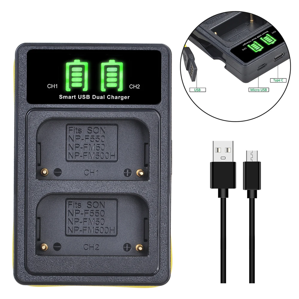 Аккумулятор для камеры 2PC 2600 мАч Φ NP F550 + зарядное устройство USB с Type C Sony |