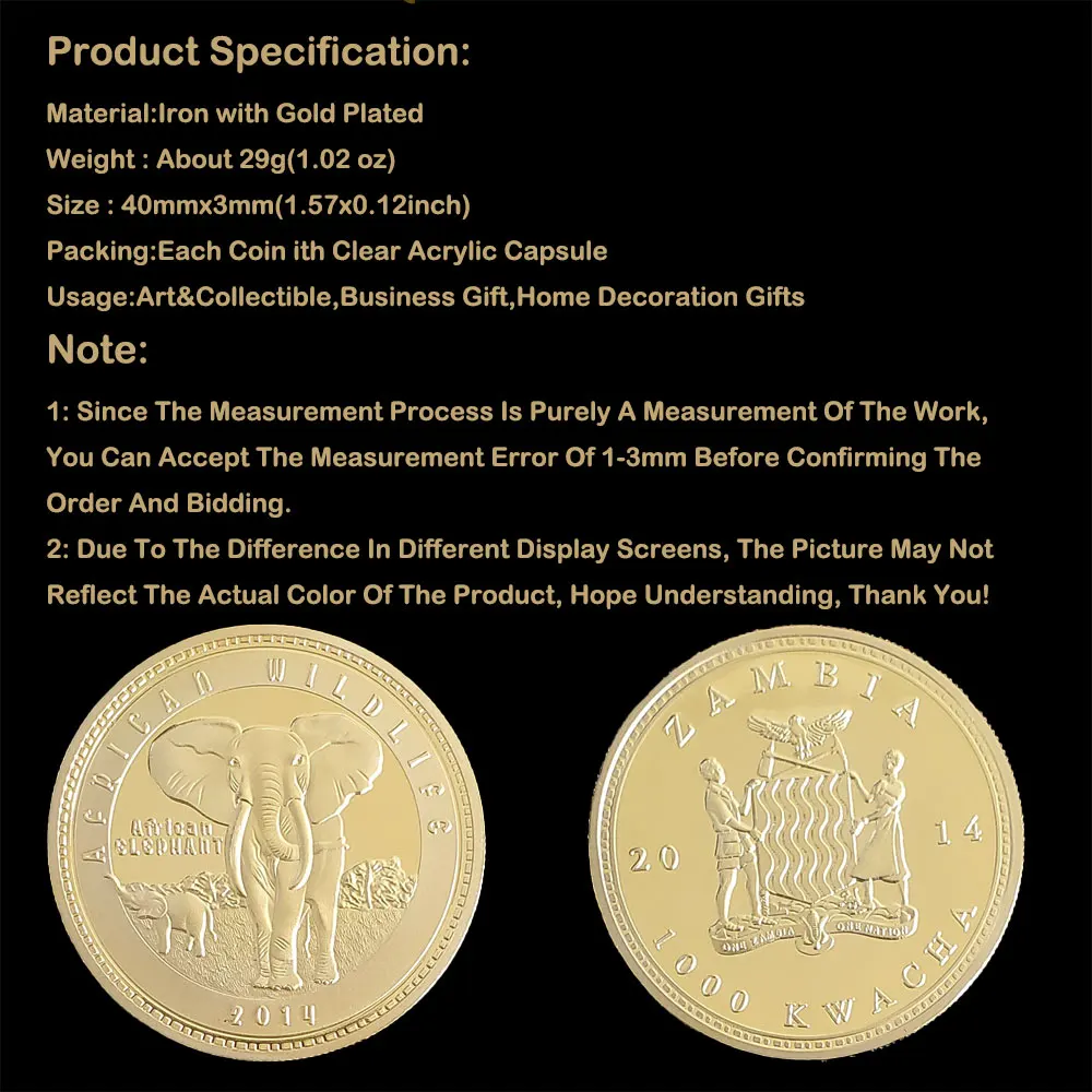 

Gold Plated African Wildlife Elephant Zambia Kwacha Animal Souvenirs Coin Medal Collectible Challenge Coins Gift Challenger