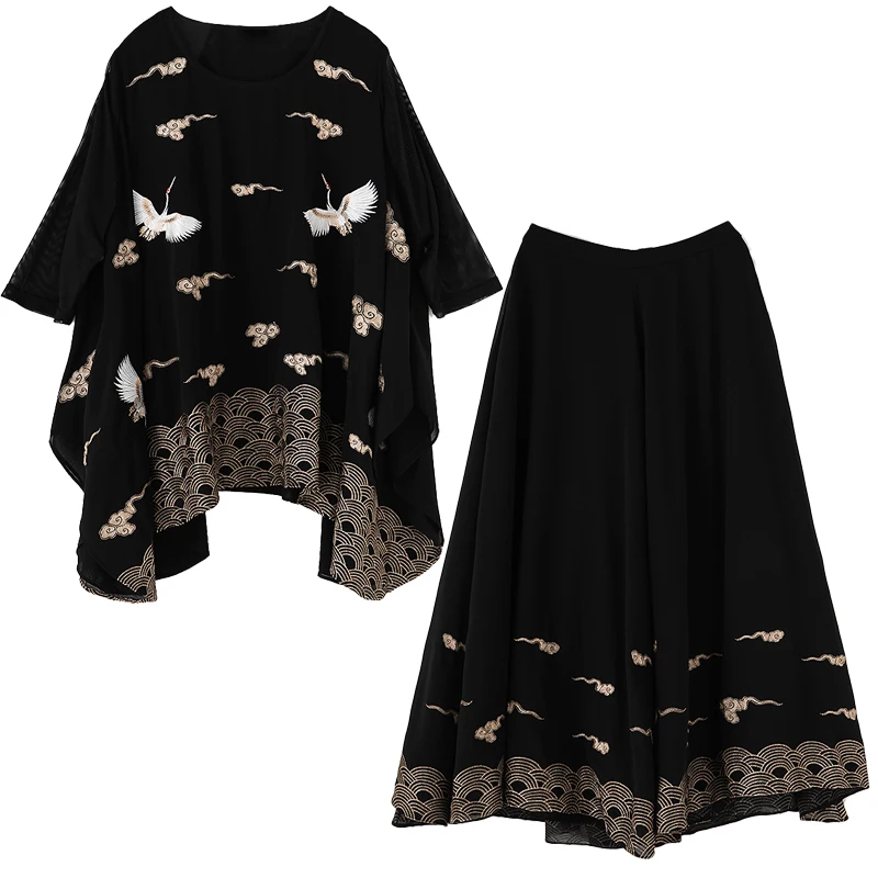 Plus Size Clothing 2020 Spring Summer Fashion Suits & Sets Women Exquisite Embroidery Loose Tops Blouse+Wide Leg Pant Set Female
