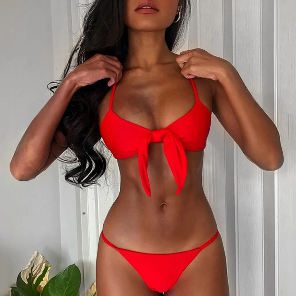 Лето 2020 летний женский сексуальный Одноцветный комплект бикини с пуш-ап и бантом