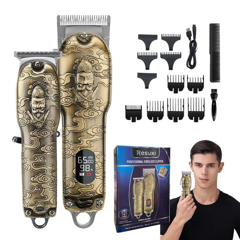 

2021 New Professional Hair Clipper Set Barber Hair Cutting Machine Electric Hair Trimmer For Men 2 clippers Embossed Haircutter