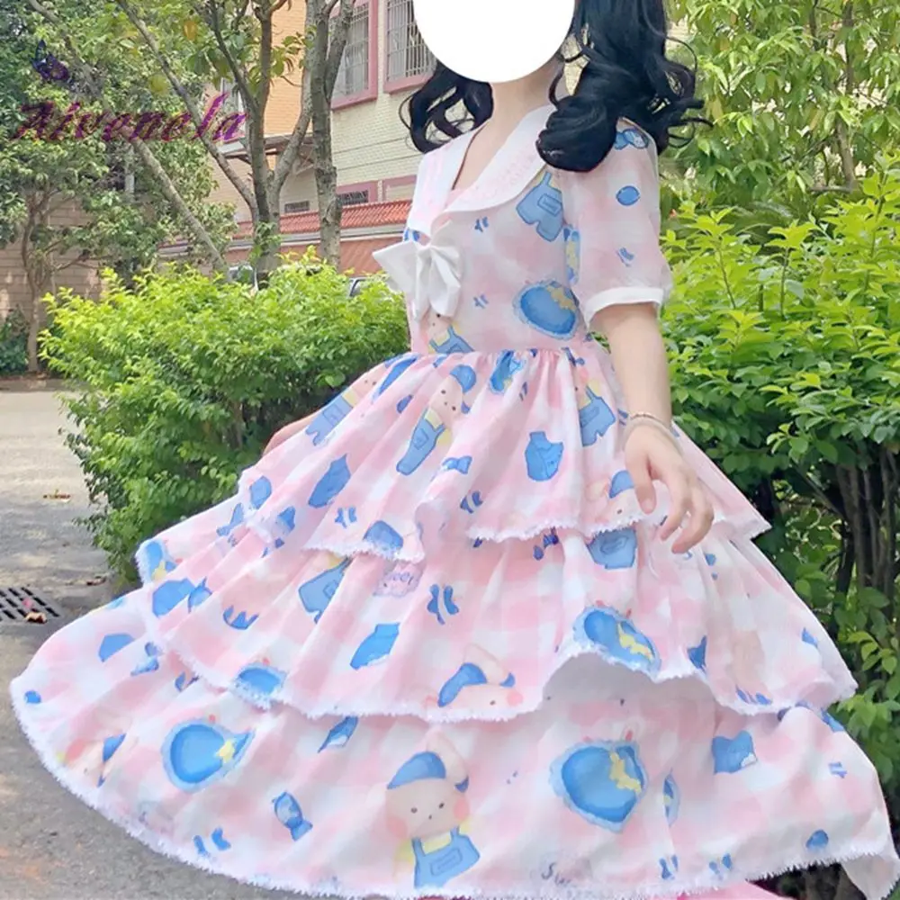 Женское летнее платье с принтом синее воротником и оборками AFC668 | Тематическая