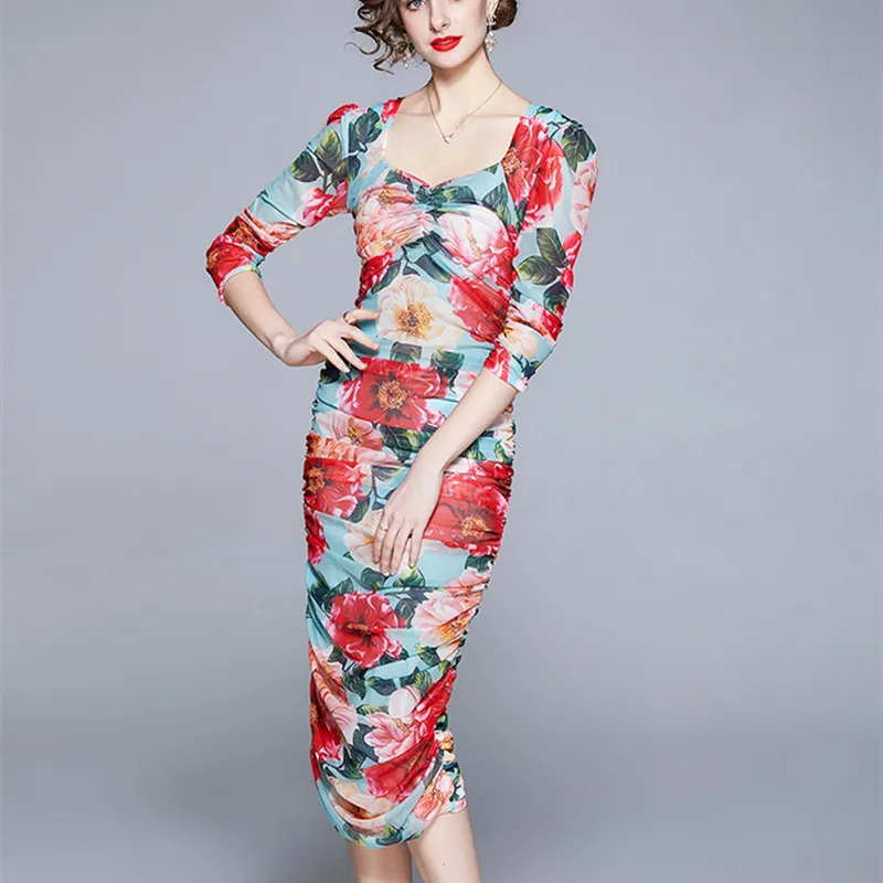 

Женское облегающее платье миди, модельное элегантное Сетчатое платье с рукавом 2021 и цветочным принтом, облегающее праздвечерние платье на ...