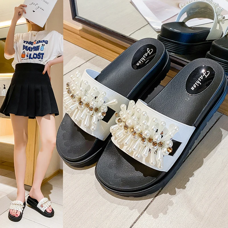

Shoes Woman 2021 Med House Slippers Platform String Bead Pantofle Luxury Slides Shale Female Beach Flat New Designer Sabot PU Ru