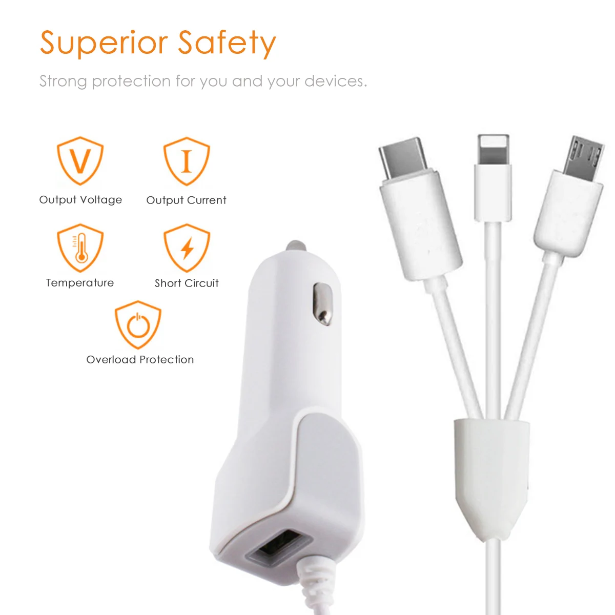 Fashionable Bicolor Durable 12-24V DC Fast Car Interior 3-In-1 Splitter USB Charging Cable For Android Phones IPhone Type-C | Автомобили и