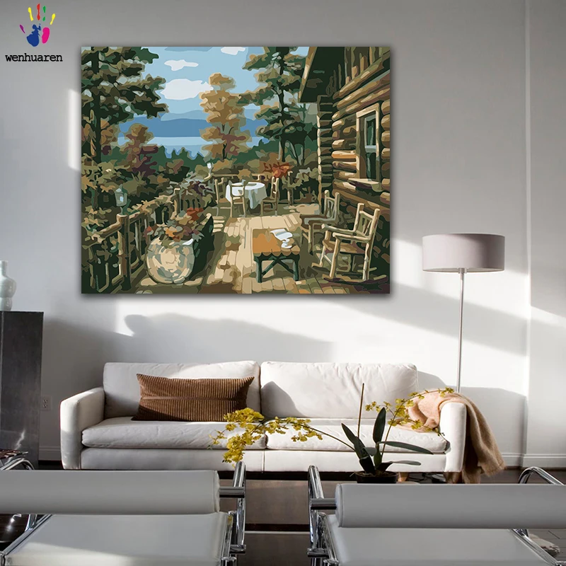 DIY картинки для раскраски по номерам с цветами деревянный дом в гор изображение