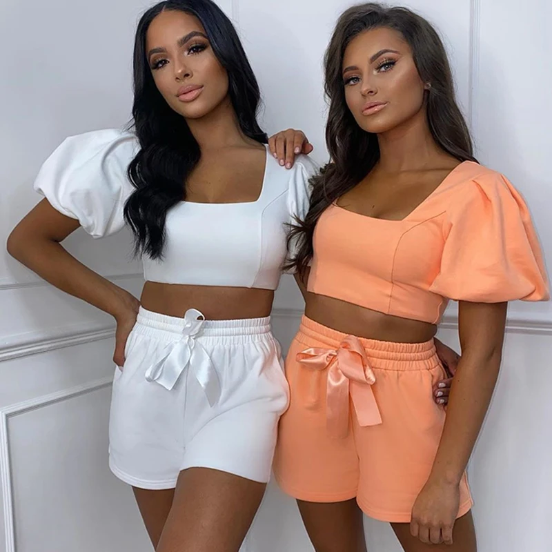

Womens Loungewear Set Square Collar Short Puff Sleeve Crop Top Shorts Two Piece Set Summer Solid Color Casual Outfits