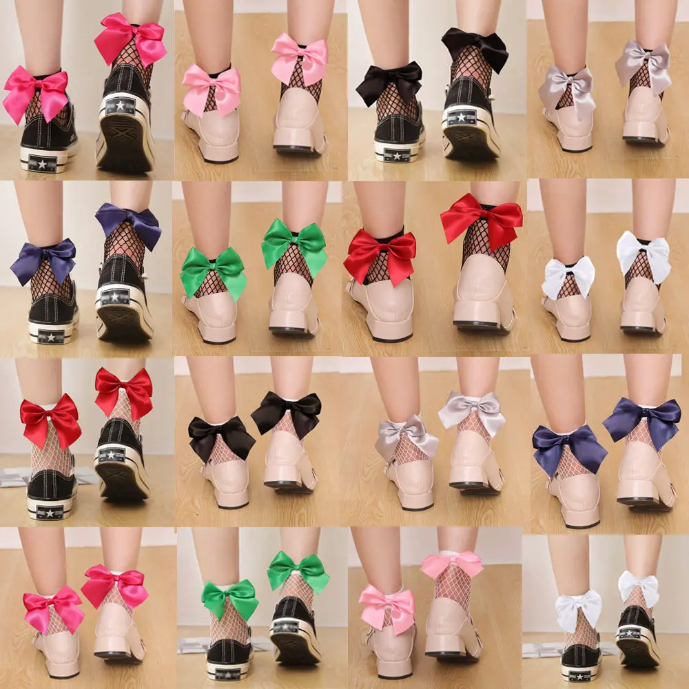 

Exquisite Women's Harajuku Breathable White Bowknot Fishnet Socks Sexy Hollow Mesh Socks Ladies Girls Lolita Style Socks