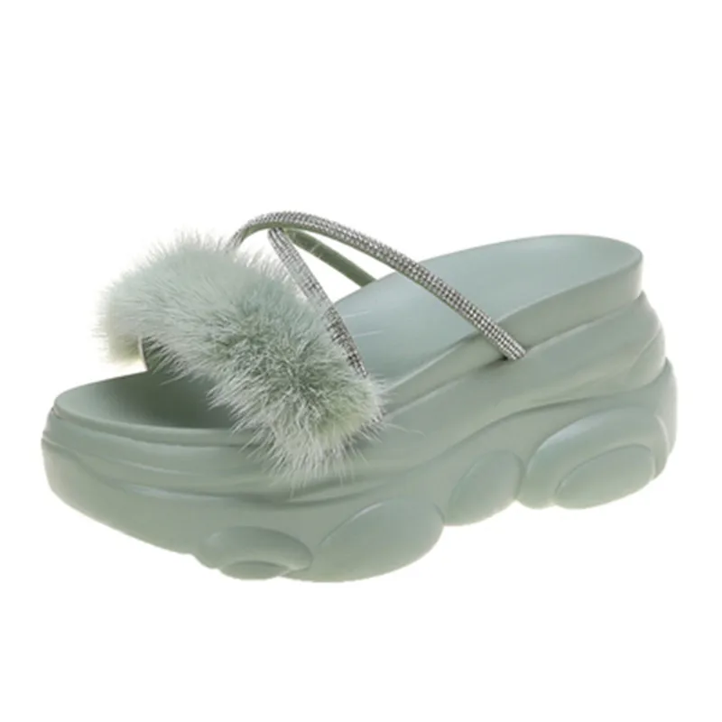 

2021 Summer Women 9CM Wedges Super High Heels Platform Slippers Chunky Fur Crystal Open Toe Beach Shoes Comfortable Dress Slides