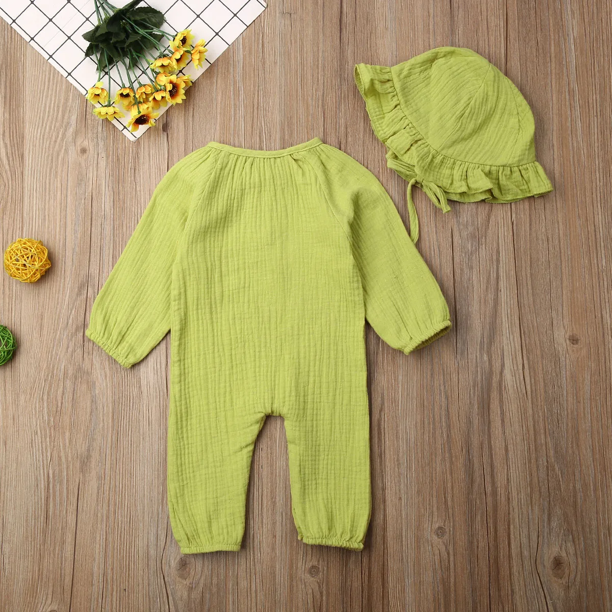 Однотонный комбинезон для новорожденных девочек и мальчиков + шапочка с длинными