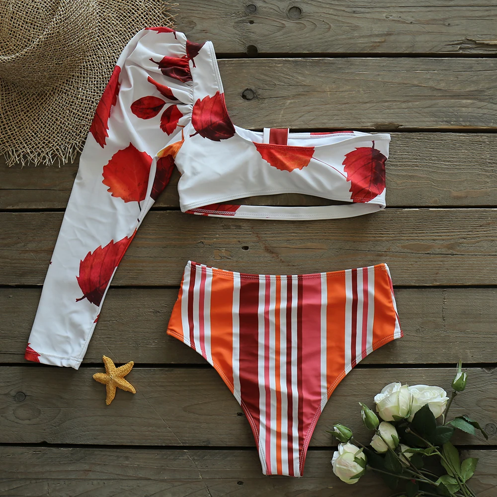 

2021 New Sexy Bikinis And Skirt Set One Shoulder Sleeve Swimwear Women High Waist Bathing Suit Beachwear Biquini female