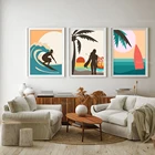 Серфинг принт, серферский декор, набор летнего искусства Серферы, гавайская доска для серфинга, океанская стена искусства серфинг Триптих, большая волна, винтажный Серфер B