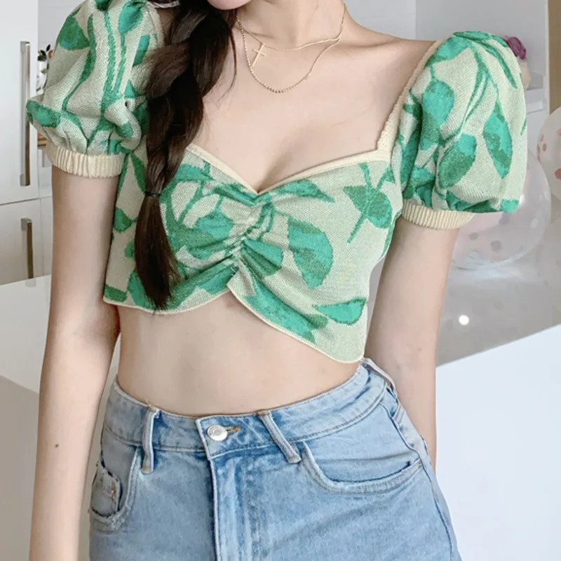 

Spring and Summer New Floral Top Bubble Sleeve Short Sleeve Women T-shirt