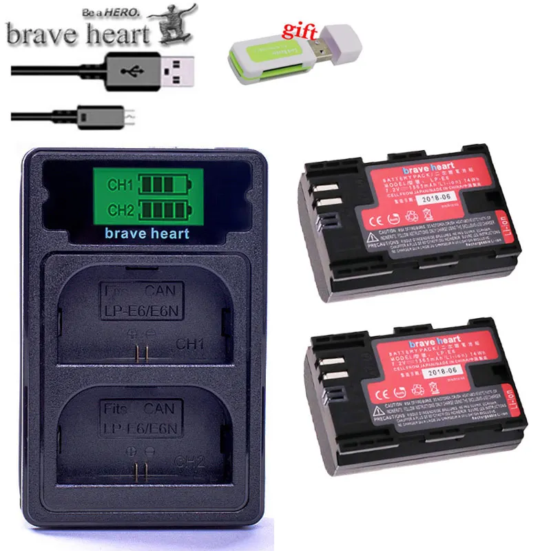 charger and 2battery 2x декодированный 1865 мАч bateria lp e6 lpe6 LP-E6 аккумулятор камеры LP-E6N LP E6N для Canon DSLR EOS 60D 5D3 7D 6D 70D 5D Mark II III - Цвет: charger and 2battery