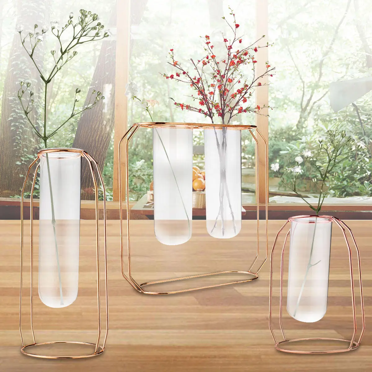 

Glass Vase Flower Holder Plant Container Metal Line for Decorations