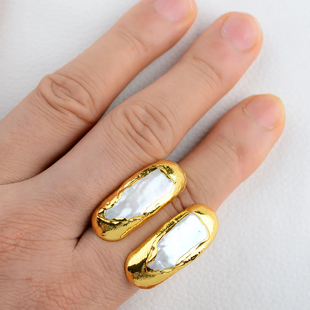 

White Keshi Biwa Pearl Yellow Golden plated Ring