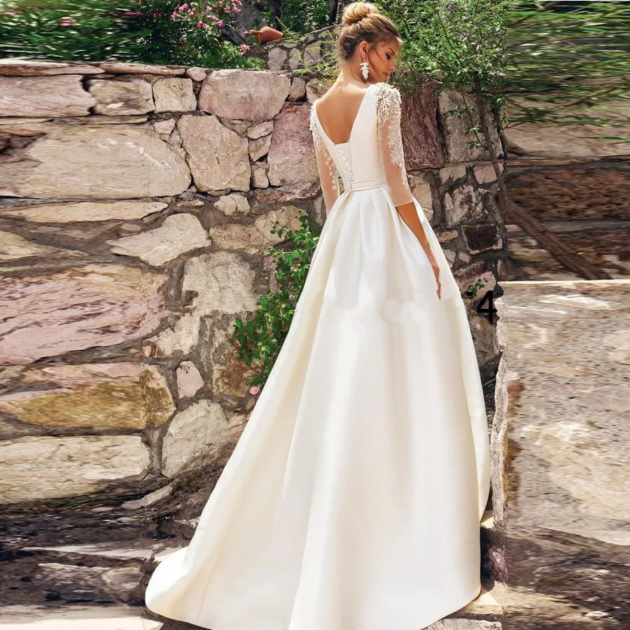 Vestido de novia белое свадебное платье с открытой спиной невесты 3/4 рукава отделка
