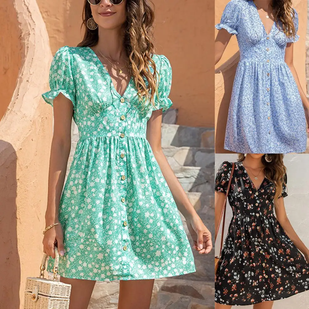 

Hot Sales!!Dress V Neck Lacework Cuffs Female Women Puff Sleeve Dress for Daily Life