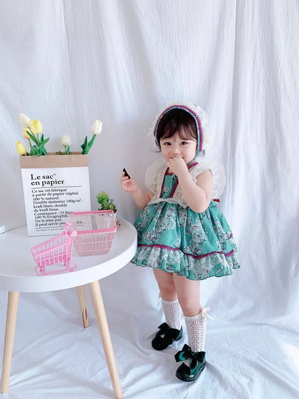 Платья для девочек испанская ретро-кружевная юбка принцесс с зелеными цветами