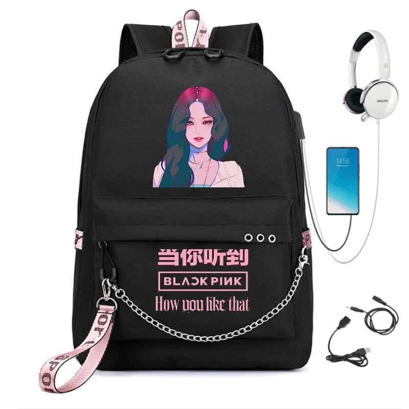 S Pink Girls School Bags Travel Bags Laptop Chain Backpack H