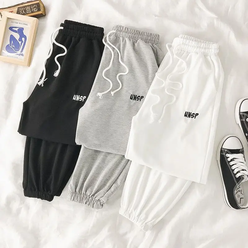 

HOUZHOU Grey Sweatpants Women 2020 Autumn KoreanTrack Pants for Women Jogger Oversized Pants Embroidery White Trousers Women