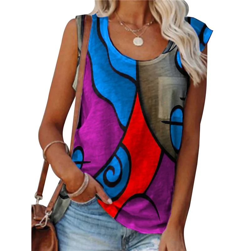 

2021 New Women Vintage T Shirt Top Sleeveless Summer O-neck T-Shirt Casual Graphic Harajuku Plus Size Elegant Pullover Tank Tops