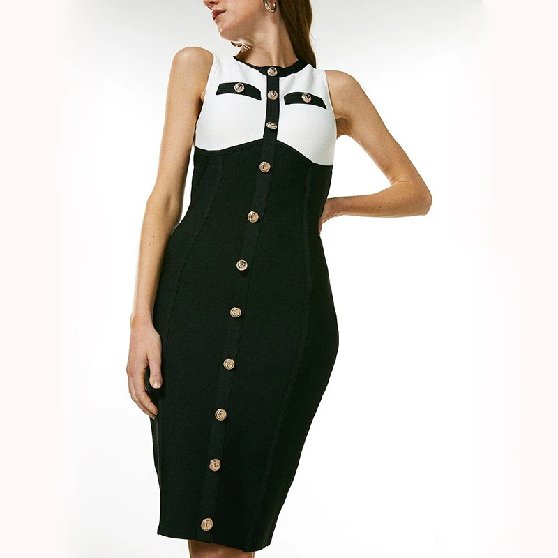 

Summer Black White Patchwork Midi Bandage Dress Sexy 2021 Women Summer Sleeveless O Neck Buttons Bodycon Evening Party Dresses